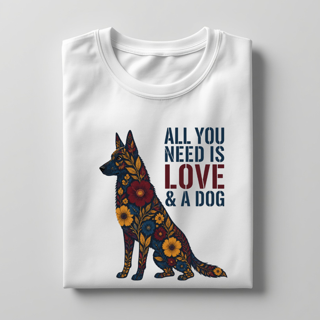 LY Tee GSD All You Need Is Love & A Dog Print Classic Crew T-Shirt | Unisex | 100% cotton | Regular fit