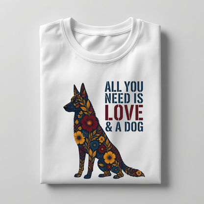 LY Tee GSD All You Need Is Love & A Dog Print Classic Crew T-Shirt | Unisex | 100% cotton | Regular fit