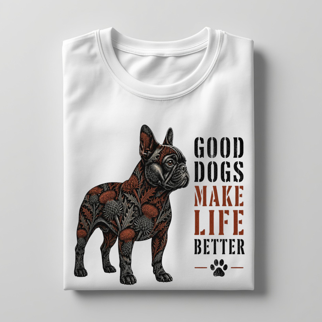 LY Tee Frenchie Good Dogs Make Life Better Dark Botanical Print Classic Crew T-Shirt | Unisex | 100% Cotton | Regular Fit