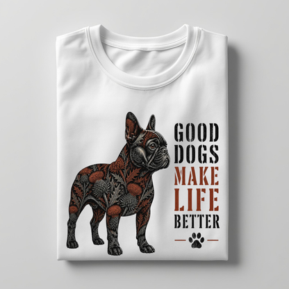 LY Tee Frenchie Good Dogs Make Life Better Dark Botanical Print Classic Crew T-Shirt | Unisex | 100% Cotton | Regular Fit