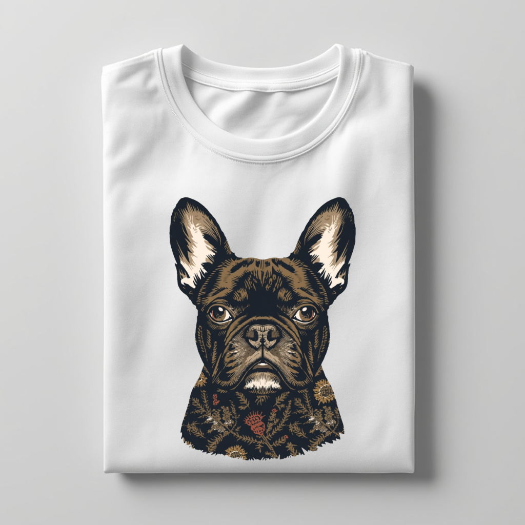 LY Tee Frenchie Botanical Face Print Classic Crew T-Shirt | Unisex | 100% Cotton | Regular Fit