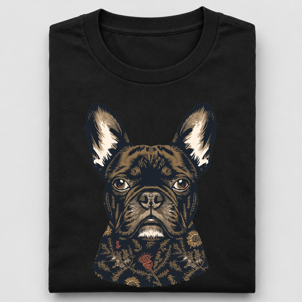 LY Tee Frenchie Botanical Face Print Classic Crew T-Shirt | Unisex | 100% Cotton | Regular Fit