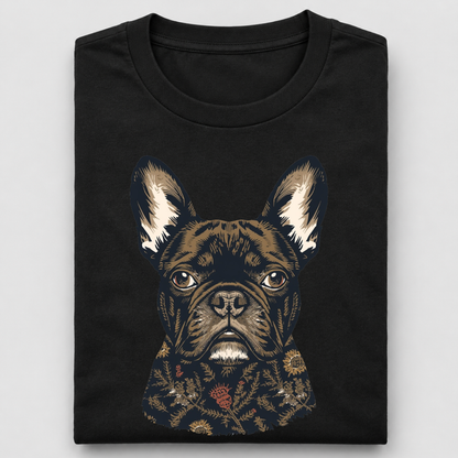 LY Tee Frenchie Botanical Face Print Classic Crew T-Shirt | Unisex | 100% Cotton | Regular Fit
