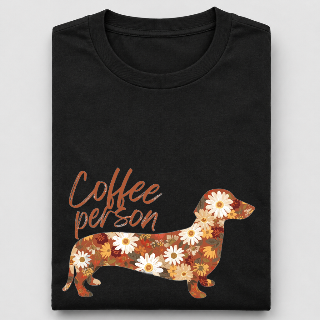 LY Tee Coffee Person Dachshund Print Classic Crew T-Shirt | Unisex | 100% Cotton | Regular Fit