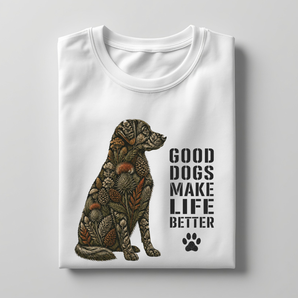LY Tee GR Good Dogs Make Life Better Dark Botanical Print Classic Crew T-Shirt | Unisex | 100% Cotton | Regular Fit