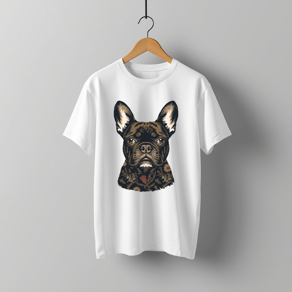 LY Tee Frenchie Botanical Face Print Classic Crew T-Shirt | Unisex | 100% Cotton | Regular Fit