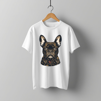 LY Tee Frenchie Botanical Face Print Classic Crew T-Shirt | Unisex | 100% Cotton | Regular Fit