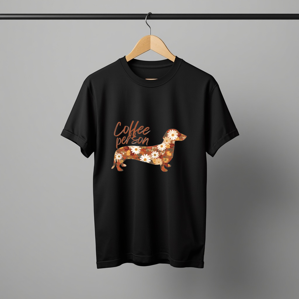 LY Tee Coffee Person Dachshund Print Classic Crew T-Shirt | Unisex | 100% Cotton | Regular Fit