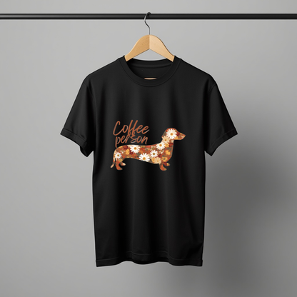 LY Tee Coffee Person Dachshund Print Classic Crew T-Shirt | Unisex | 100% Cotton | Regular Fit