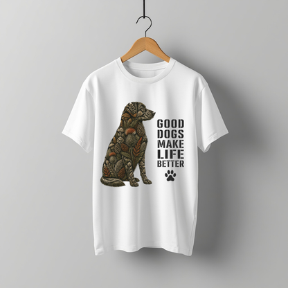 LY Tee GR Good Dogs Make Life Better Dark Botanical Print Classic Crew T-Shirt | Unisex | 100% Cotton | Regular Fit
