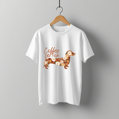 LY Tee Coffee Person Dachshund Print Classic Crew T-Shirt | Unisex | 100% Cotton | Regular Fit