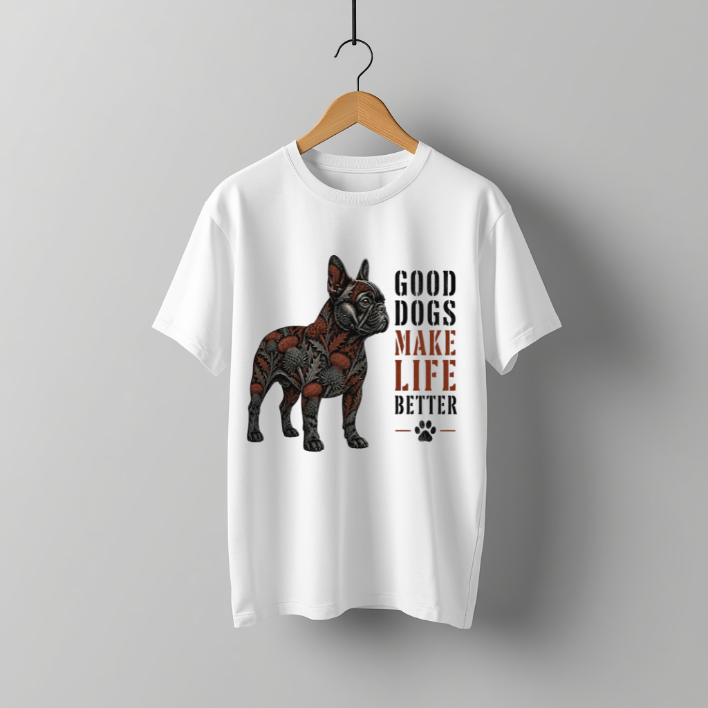 LY Tee Frenchie Good Dogs Make Life Better Dark Botanical Print Classic Crew T-Shirt | Unisex | 100% Cotton | Regular Fit