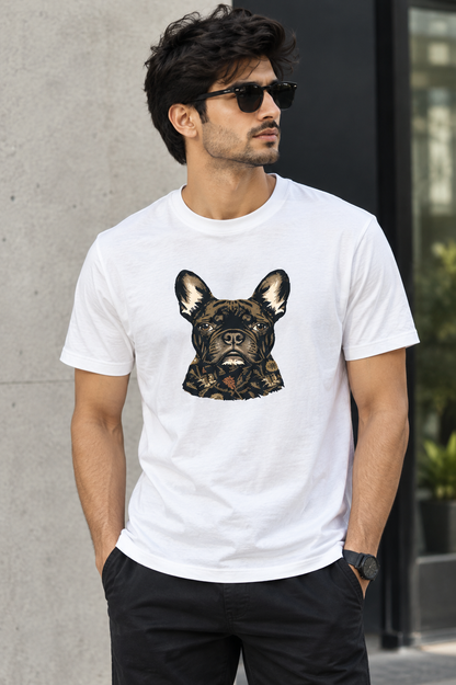 LY Tee Frenchie Botanical Face Print Classic Crew T-Shirt | Unisex | 100% Cotton | Regular Fit