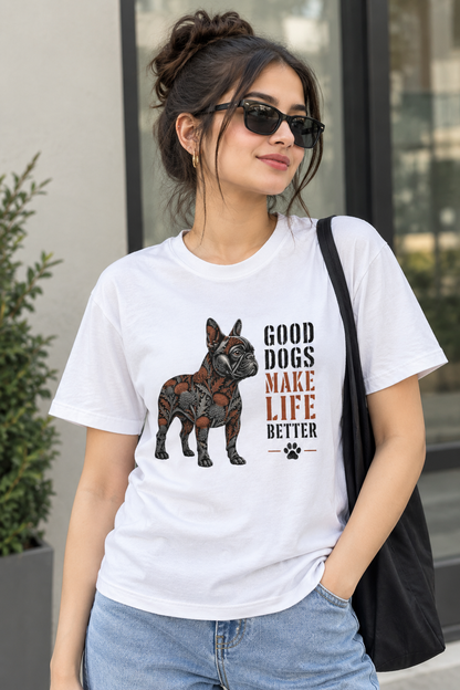 LY Tee Frenchie Good Dogs Make Life Better Dark Botanical Print Classic Crew T-Shirt | Unisex | 100% Cotton | Regular Fit