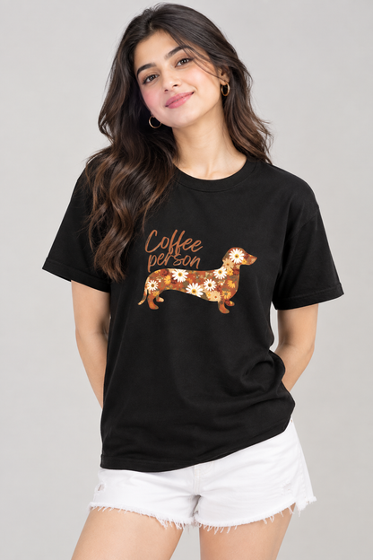 LY Tee Coffee Person Dachshund Print Classic Crew T-Shirt | Unisex | 100% Cotton | Regular Fit