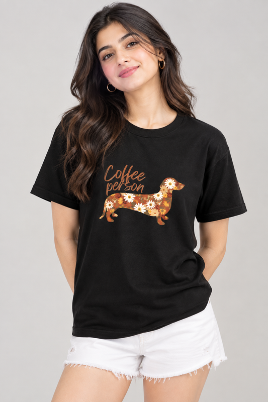 LY Tee Coffee Person Dachshund Print Classic Crew T-Shirt | Unisex | 100% Cotton | Regular Fit