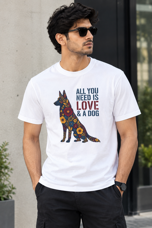 LY Tee GSD All You Need Is Love & A Dog Print Classic Crew T-Shirt | Unisex | 100% cotton | Regular fit